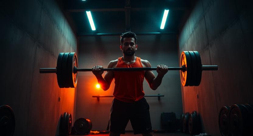 Cinematic high contrast photograph of an athletic coach performing an Olympic barbell deadlift in a minimalist brutalist studio space in Bengaluru.